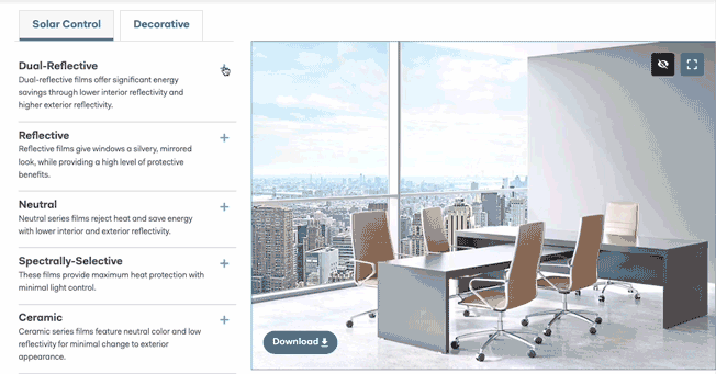 An office meeting room with a cityscape view, showcasing window tint options.