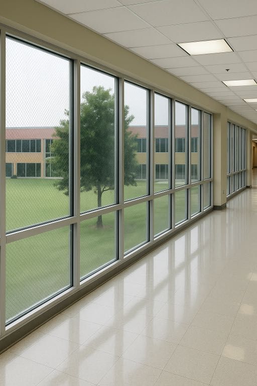 Hallway with large windows looking out onto a green lawn and a building; the floor reflects the sunlight.