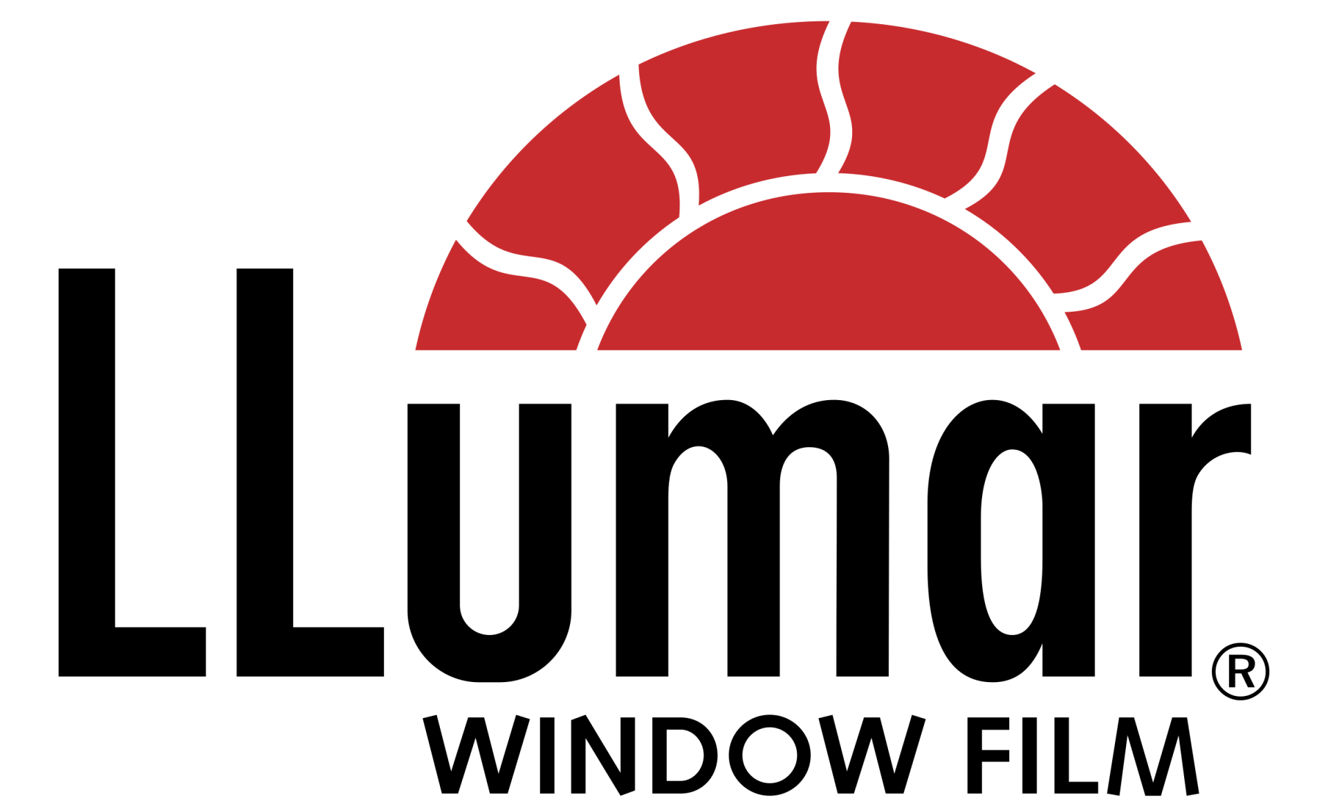 Logo for Llumar Window Film featuring black text and a red sun-like design at the top.