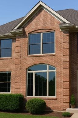 Two-story brick house with large windows, brown roof, and landscaped front yard.