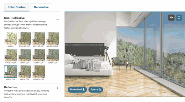 A room with large windows displaying reflective film options. Film color swatches are on the left.
