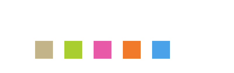 Cinq carrés de couleur alignés : beige, vert, rose, orange et bleu.