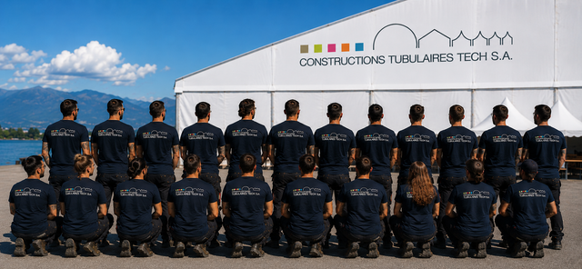 Un groupe d'ouvriers en uniforme sombre pose devant une tente de chantier blanche sous un ciel bleu.