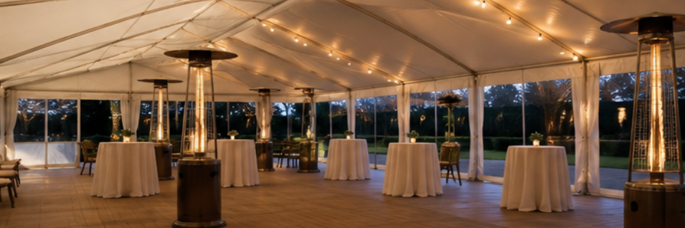 Espace événementiel extérieur sous tente avec guirlandes lumineuses, tables hautes et chauffages de terrasse au crépuscule