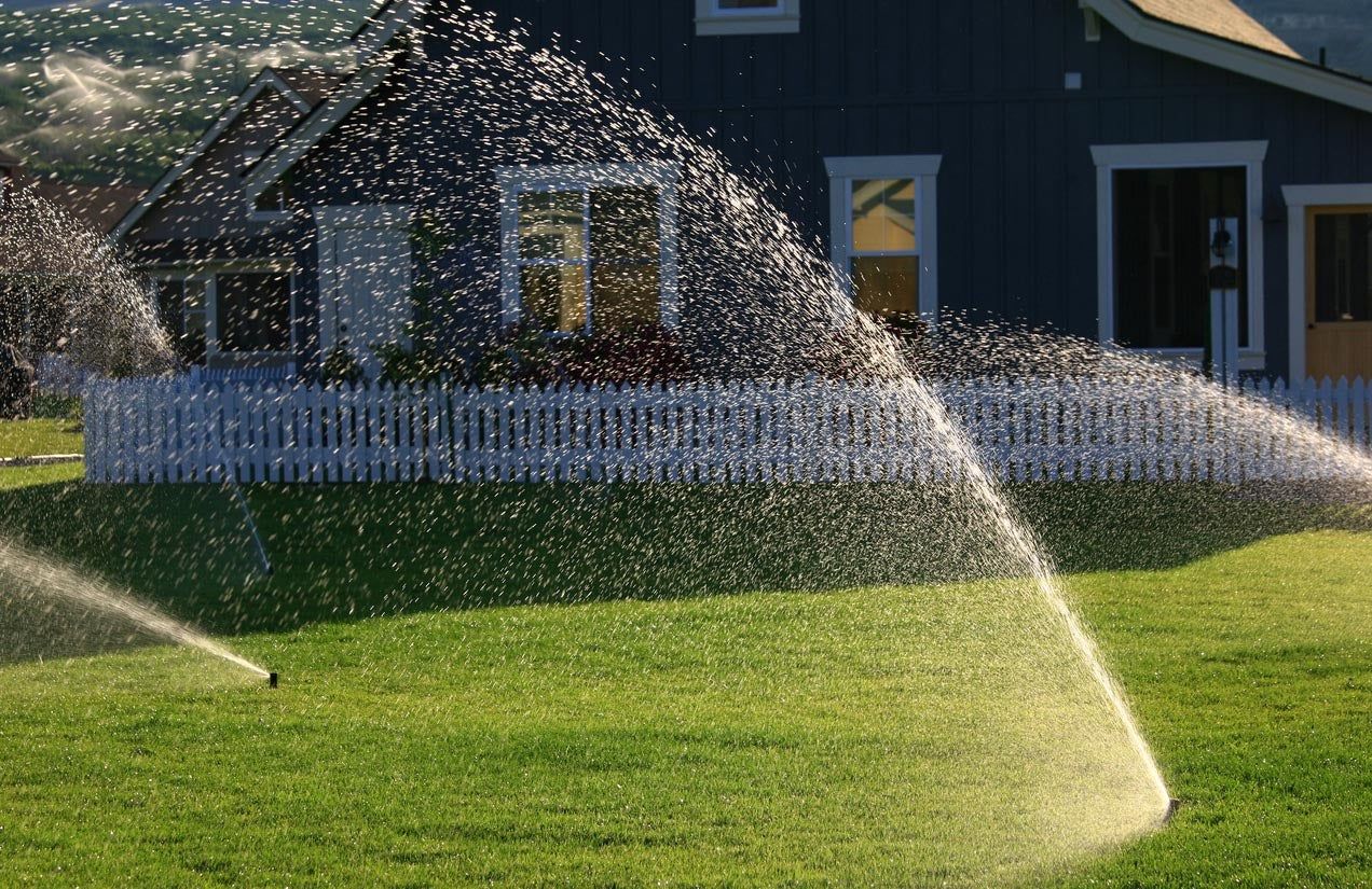 Sprinklers watering a green lawn in front of a blue house with a white picket fence.
