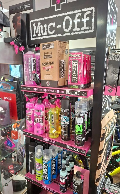 Muc Off Bike Cleaning Products on A Store Display Shelf — City Centre Cycles in Berserker, QLD