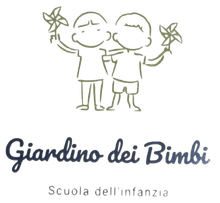 Logo con due bambini che tengono in mano dei fiori sopra la scritta «Giardino dei Bimbi» e «Scuola dell’infanzia».