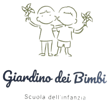 Logo con due bambini che tengono in mano dei fiori sopra la scritta «Giardino dei Bimbi» e «Scuola dell’infanzia».