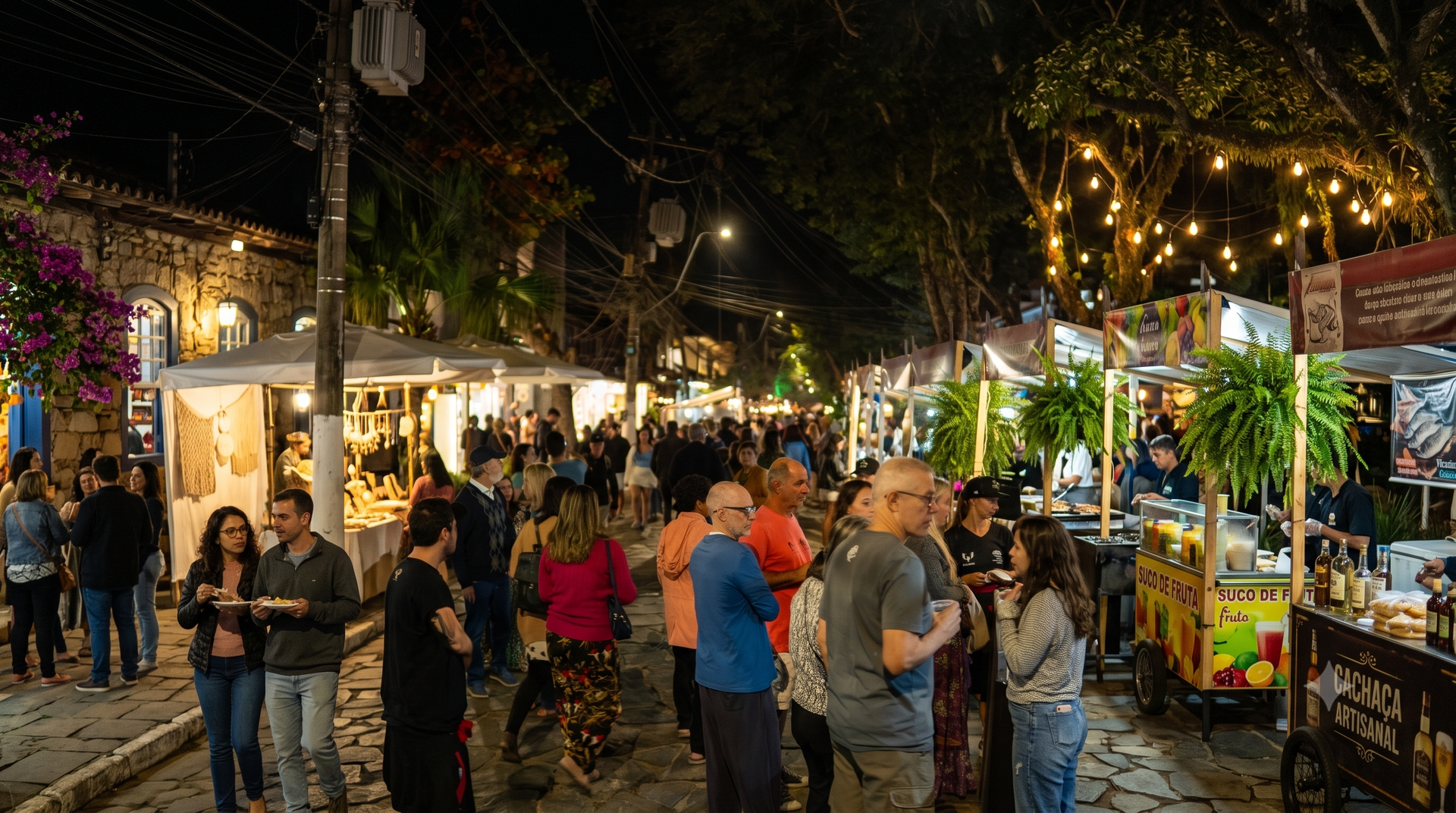 Feira noturna com pessoas passeando pelas barracas de comida coloridas sob luzes de corda e árvores.