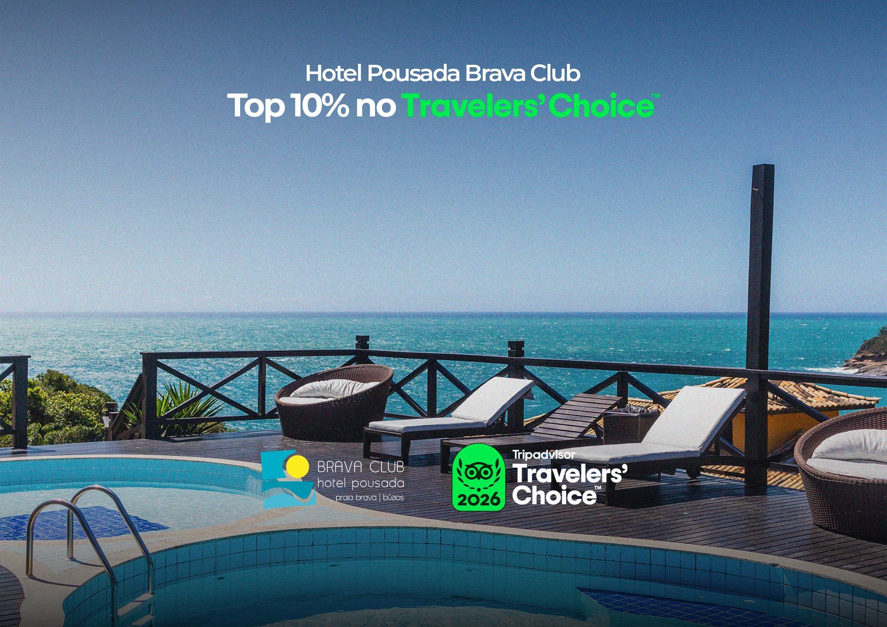 Hotel pool deck overlooking the sea with lounge chairs and “Top 10% on Travelers’ Choice” text