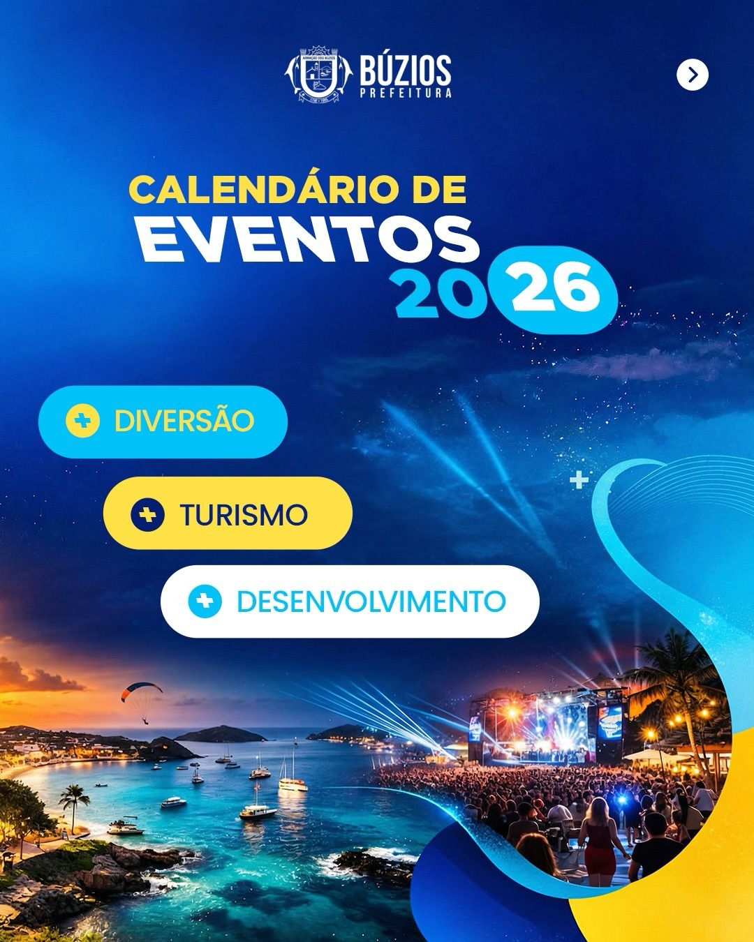Calendar of Events 2026 for Búzios with icons for fun, tourism, and development. Beach scene at night with a crowd.