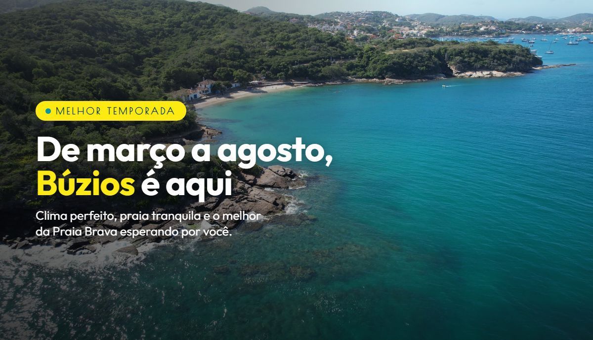Vista aérea de uma praia de águas turquesa com texto promocional de Búzios, Brasil.