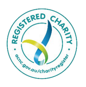 Registered charity logo with a blue and yellow swoosh inside a teal circle. Text includes