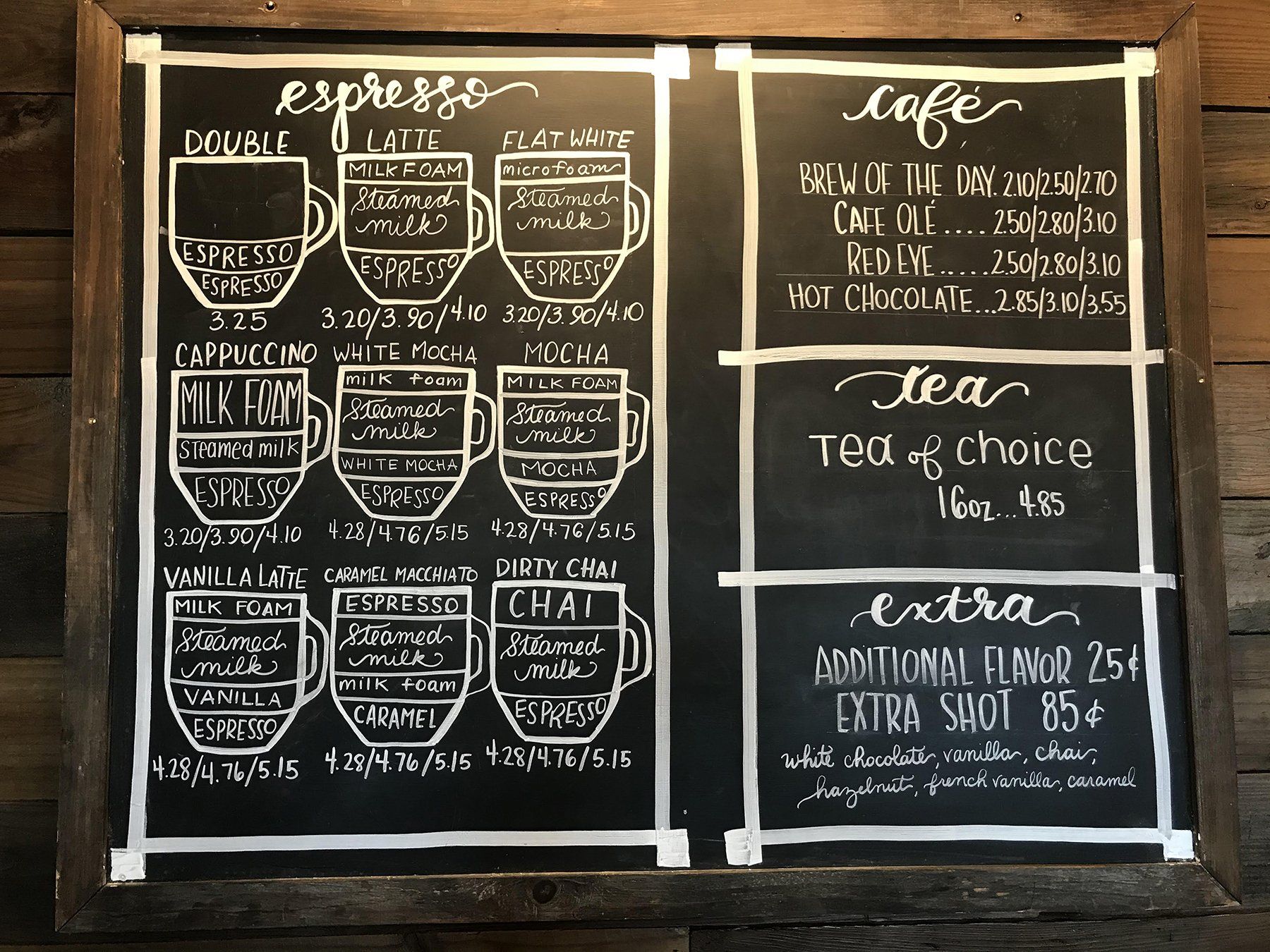 A chalkboard shows different types of coffee and tea