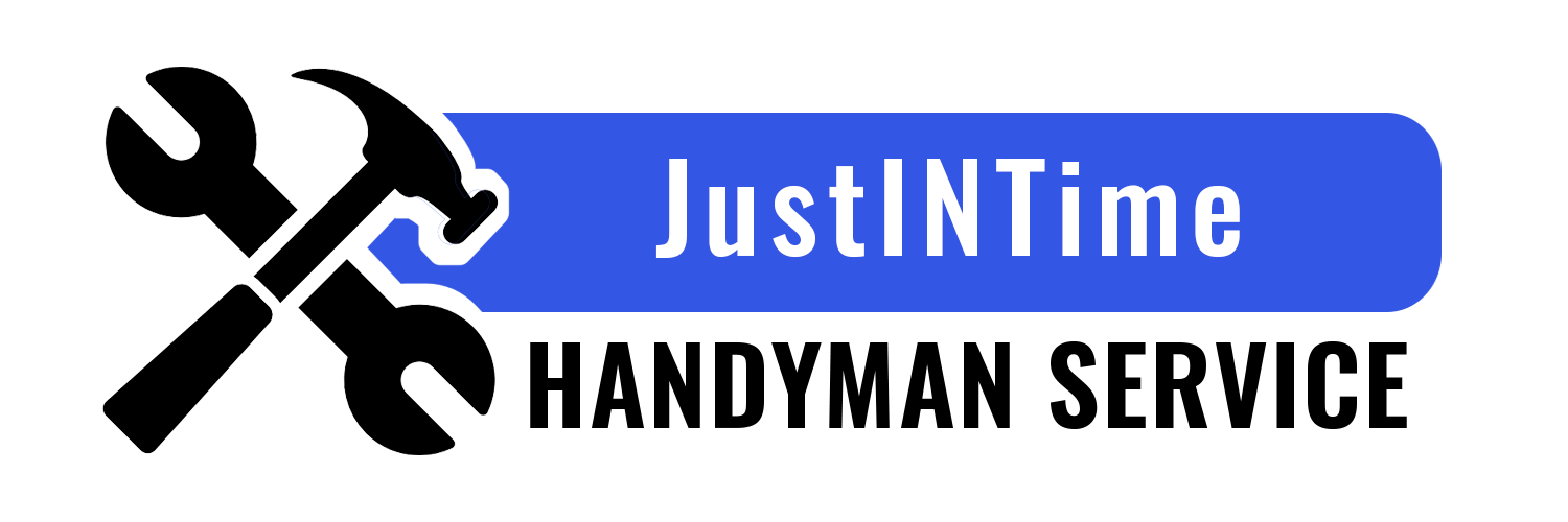 Logo for Just IN Time Handyman Service: Black wrench and hammer over a blue rectangle with white text.