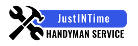 Logo for Just IN Time Handyman Service: Black wrench and hammer over a blue rectangle with white text.