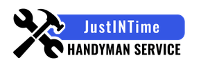 Logo for Just IN Time Handyman Service: Black wrench and hammer over a blue rectangle with white text.