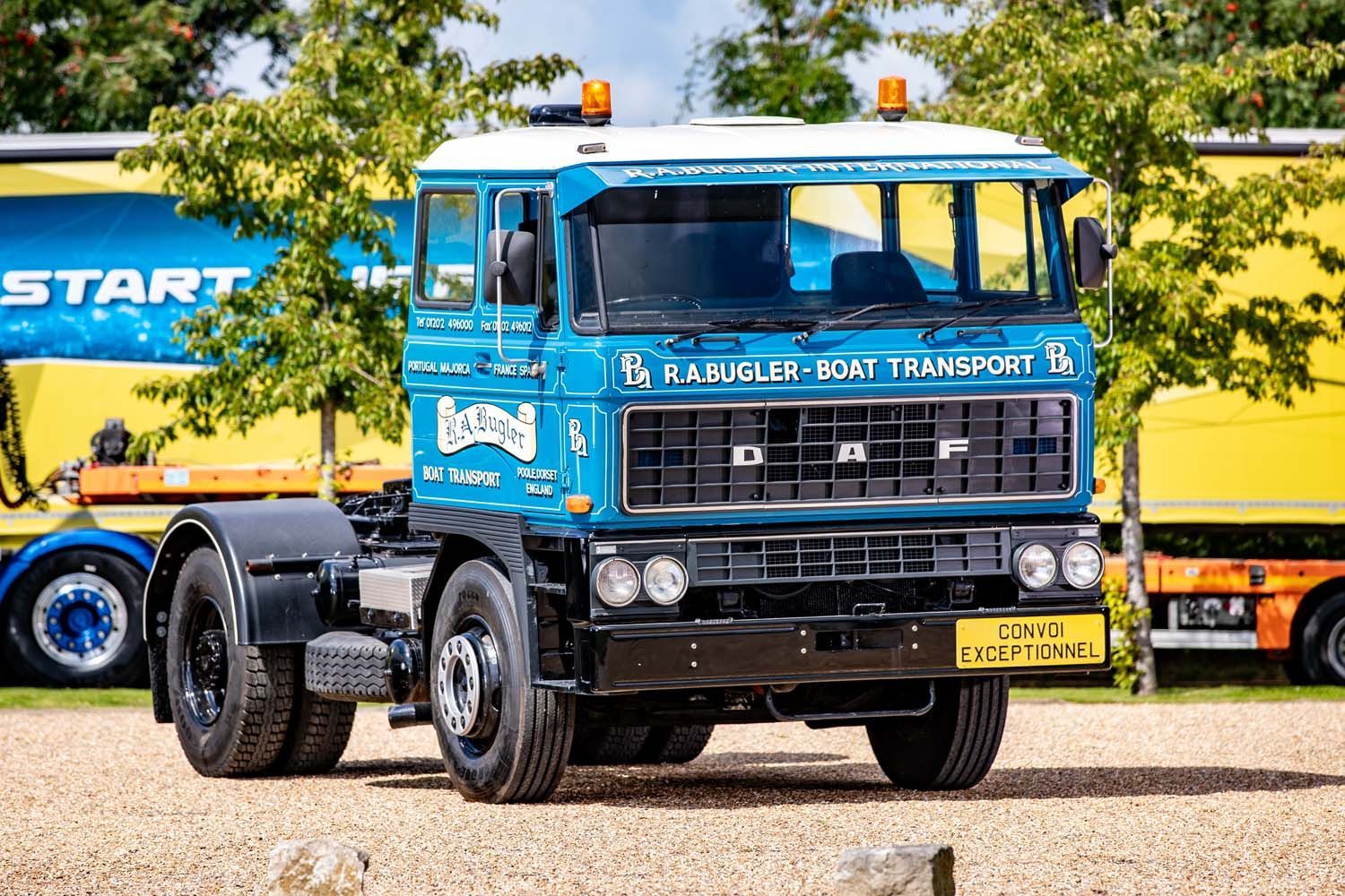 Blue and yellow lorry parked outdoors with trees in the background