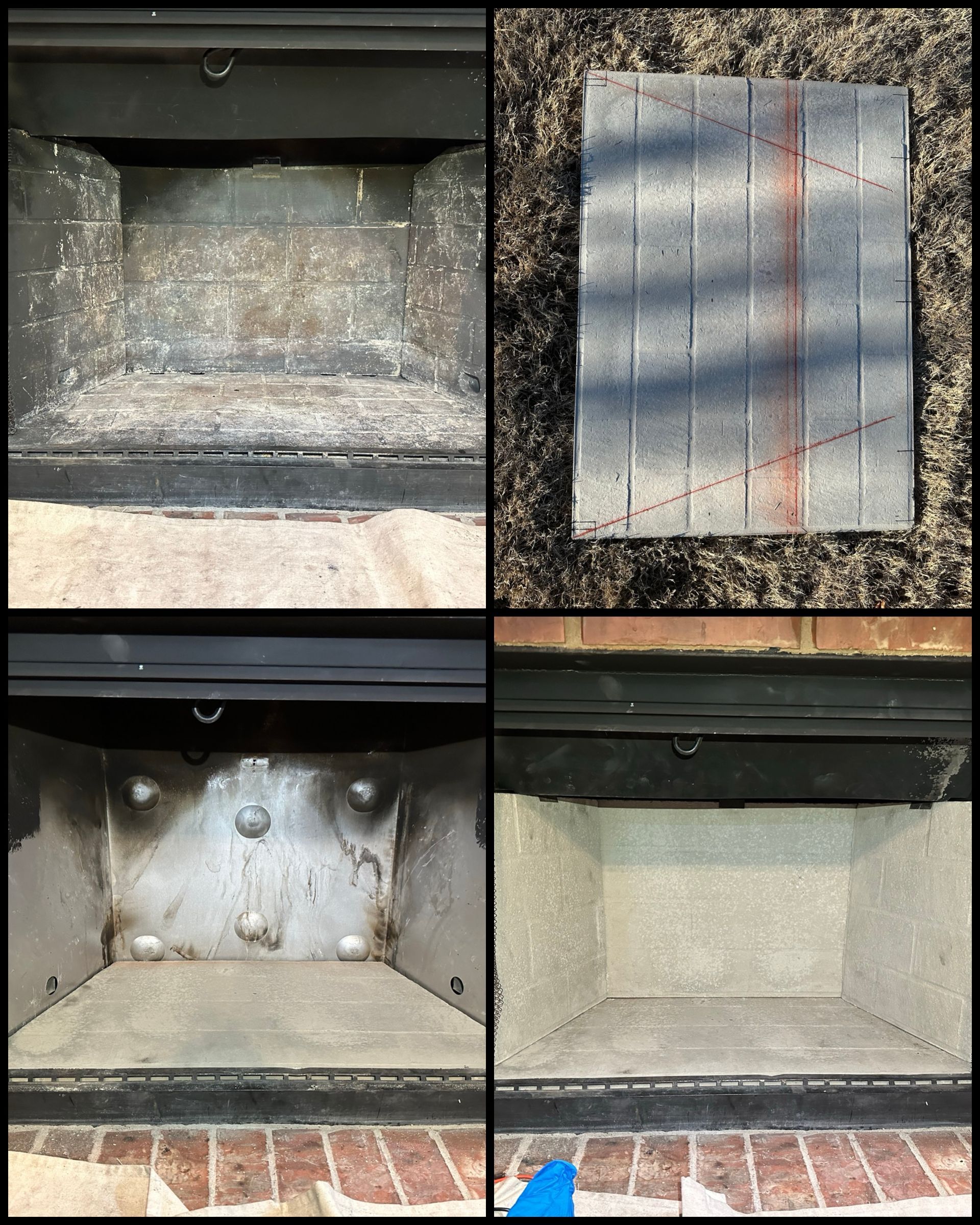 A collage of four pictures of a fireplace before and after being cleaned.
