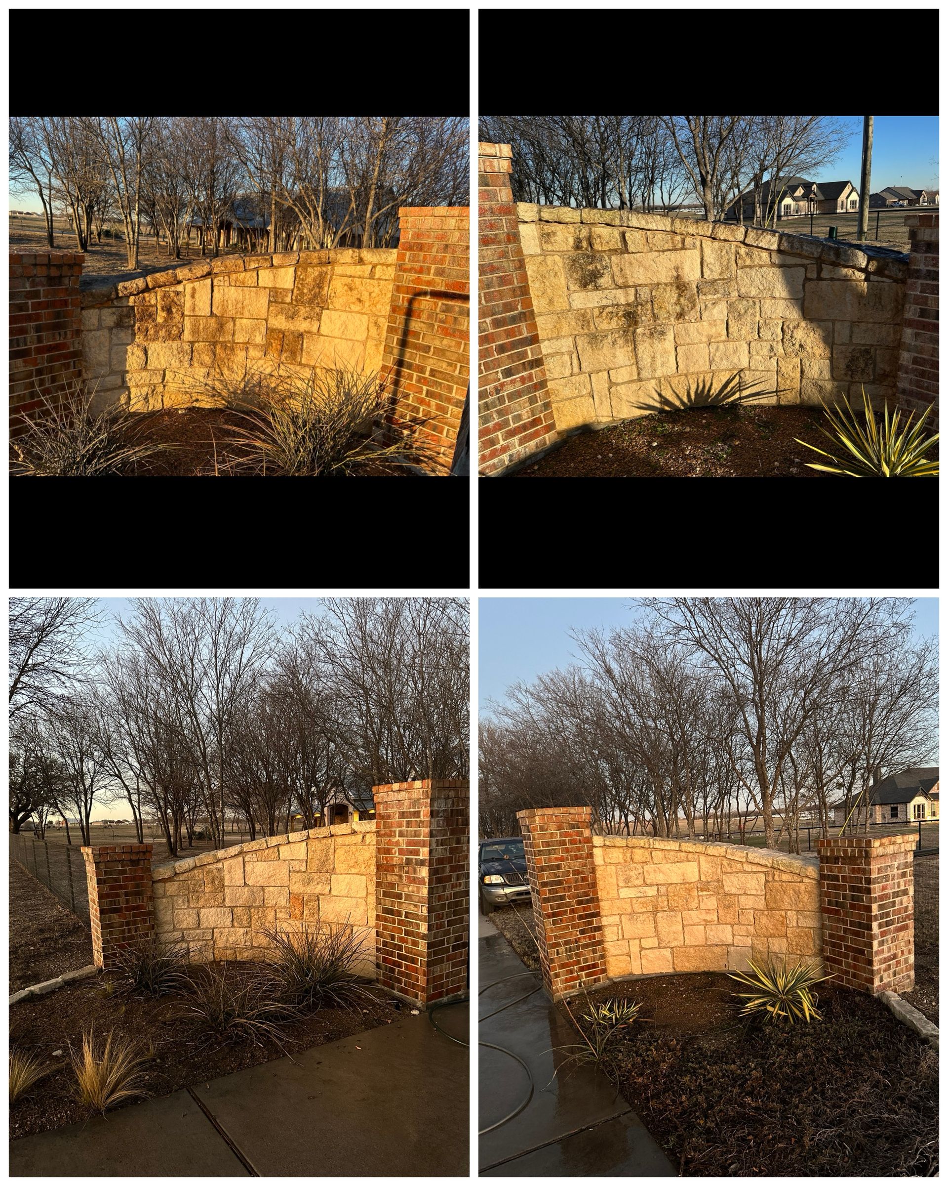 A collage of four pictures of a stone wall before and after being cleaned.