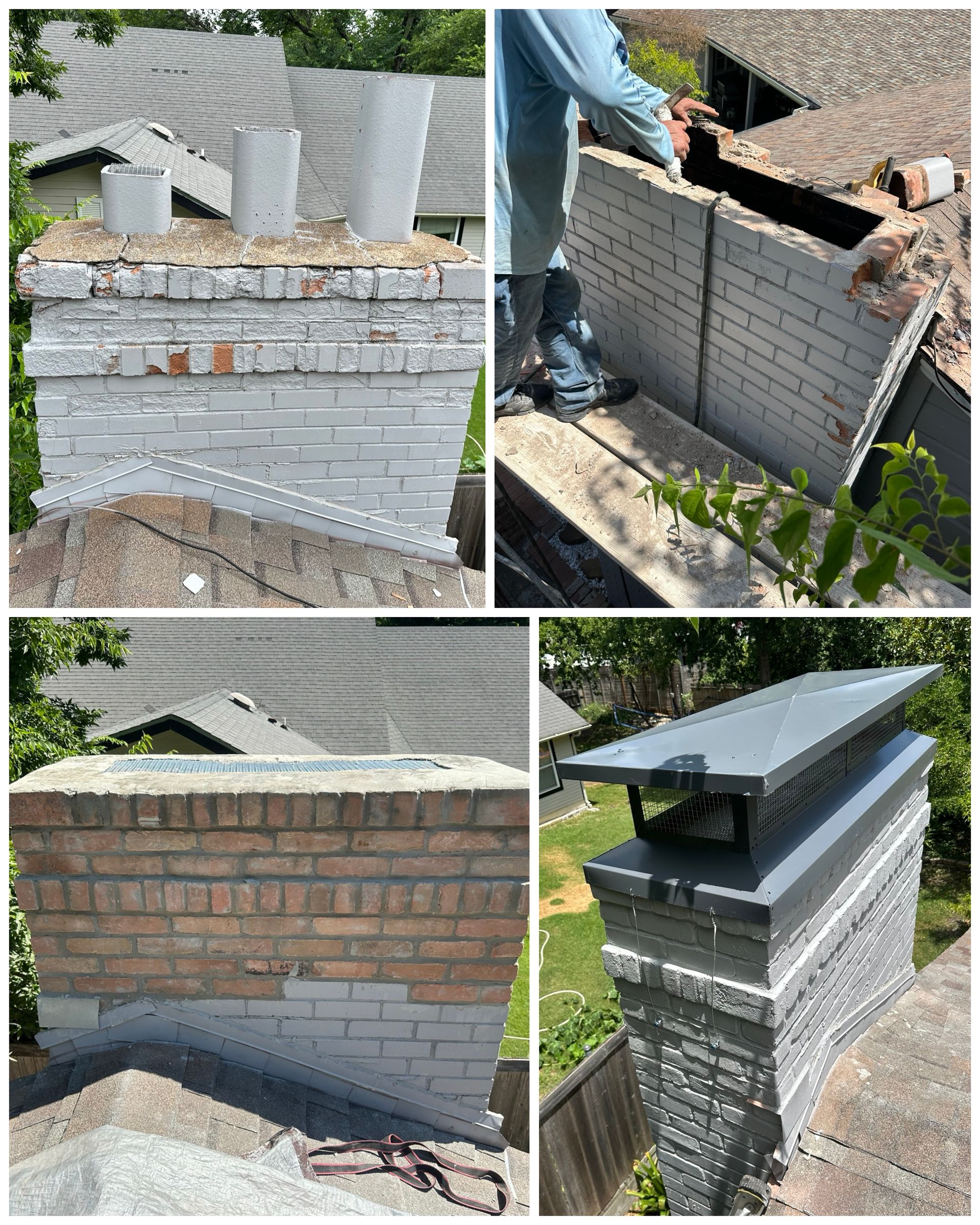 A collage of photos showing a chimney being repaired on a roof.