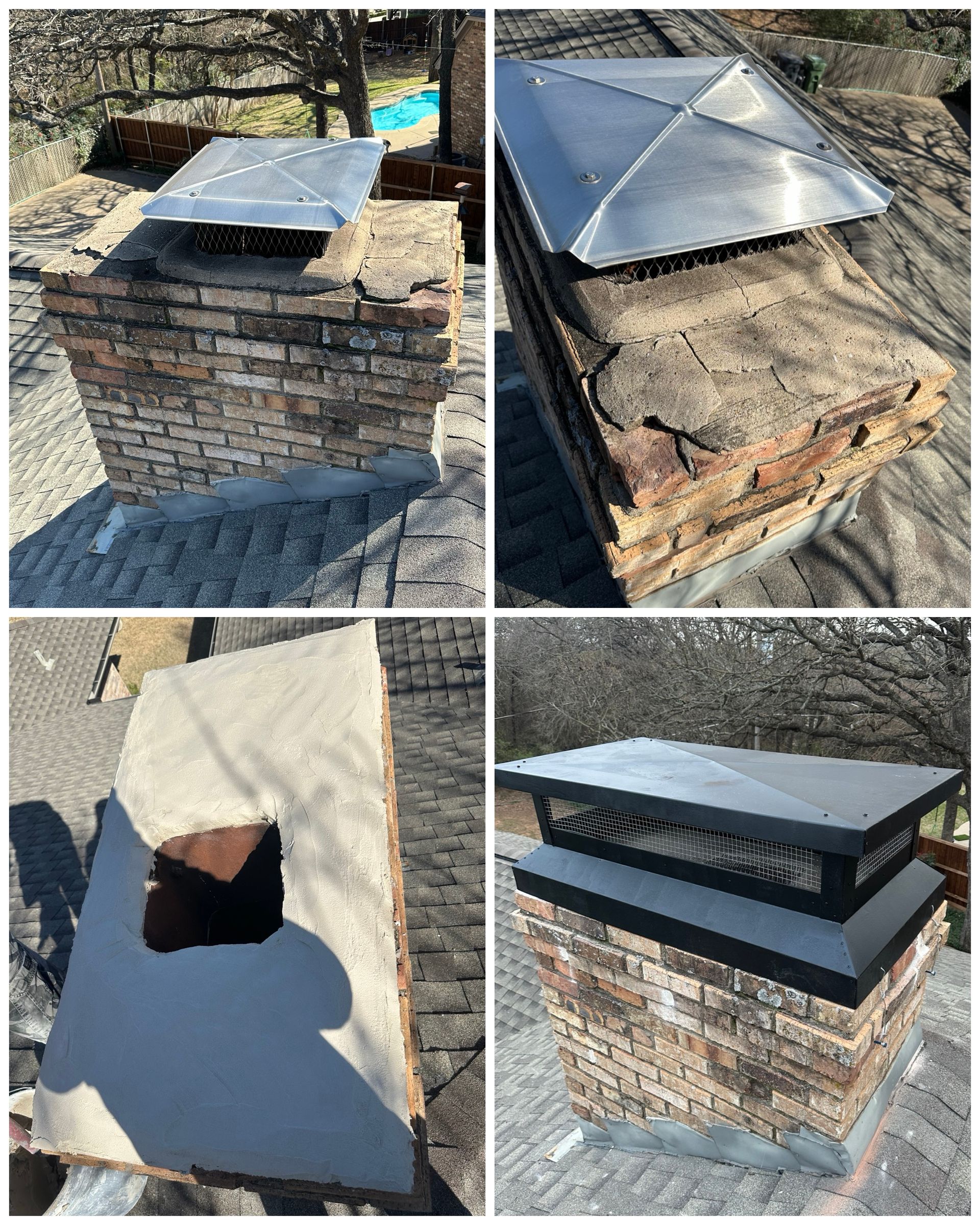 A collage of four pictures of a brick chimney being repaired.