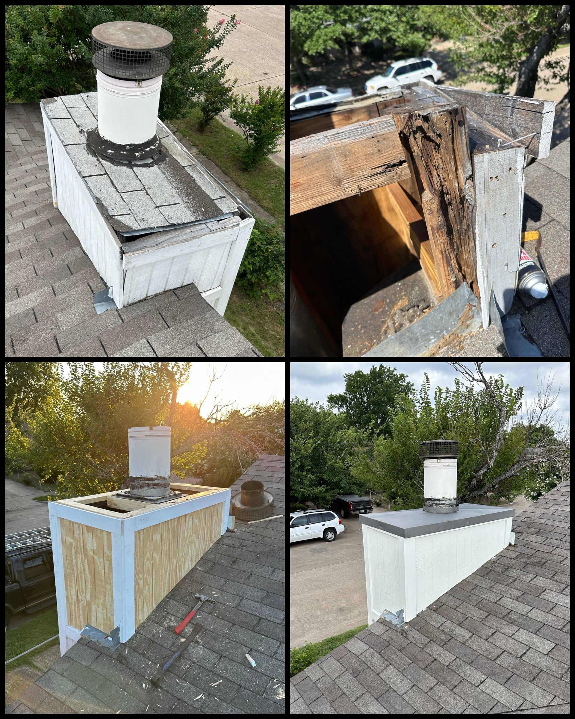 A collage of four pictures of a chimney on a roof.