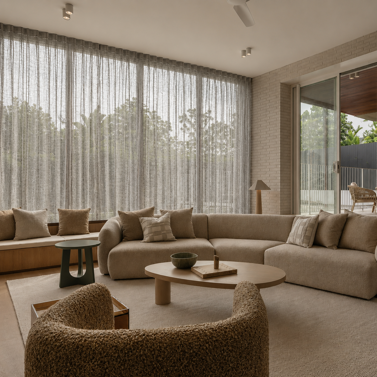 Modern beige living room with curved sofa, round coffee table, and sheer floor-to-ceiling curtains.