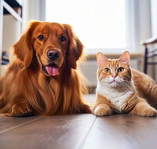 Golden retriever and orange tabby cat lying side by side on a wooden floor indoors