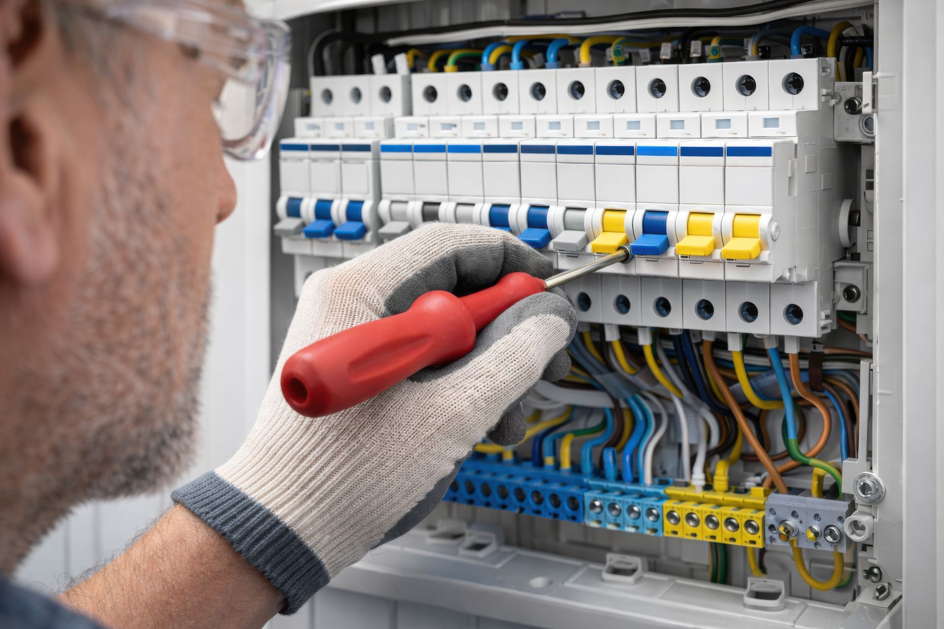 Hands using a screwdriver to tighten wires on an electrical circuit breaker panel inside a distribution cabinet. Hands using a screwdriver to tighten wires on an electrical circuit breaker panel inside a distribution cabinet.