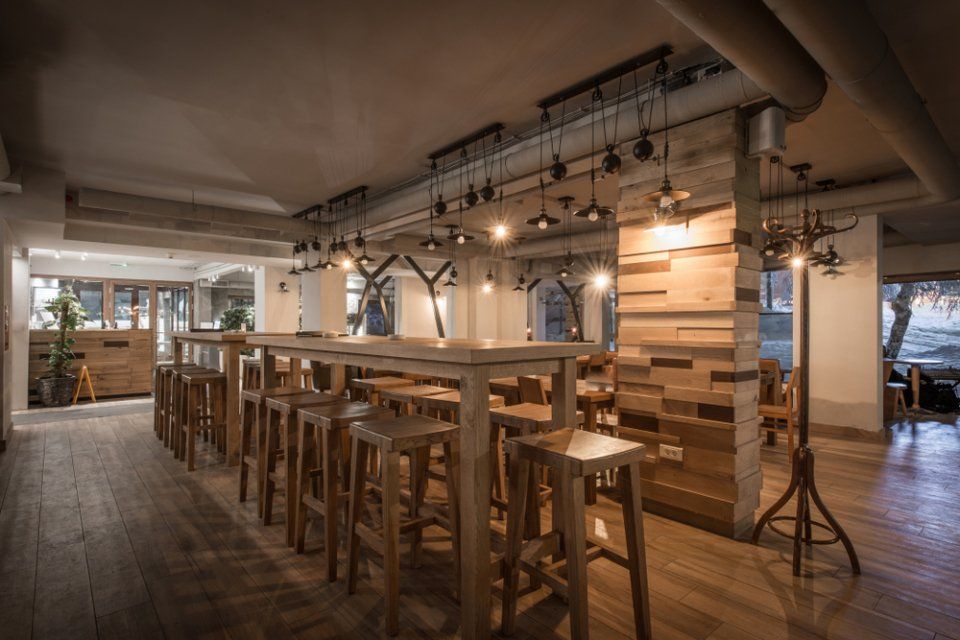 wooden furniture in bar