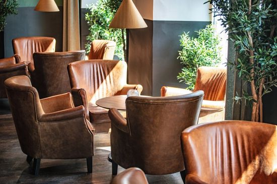 Brown leather and wooden seats