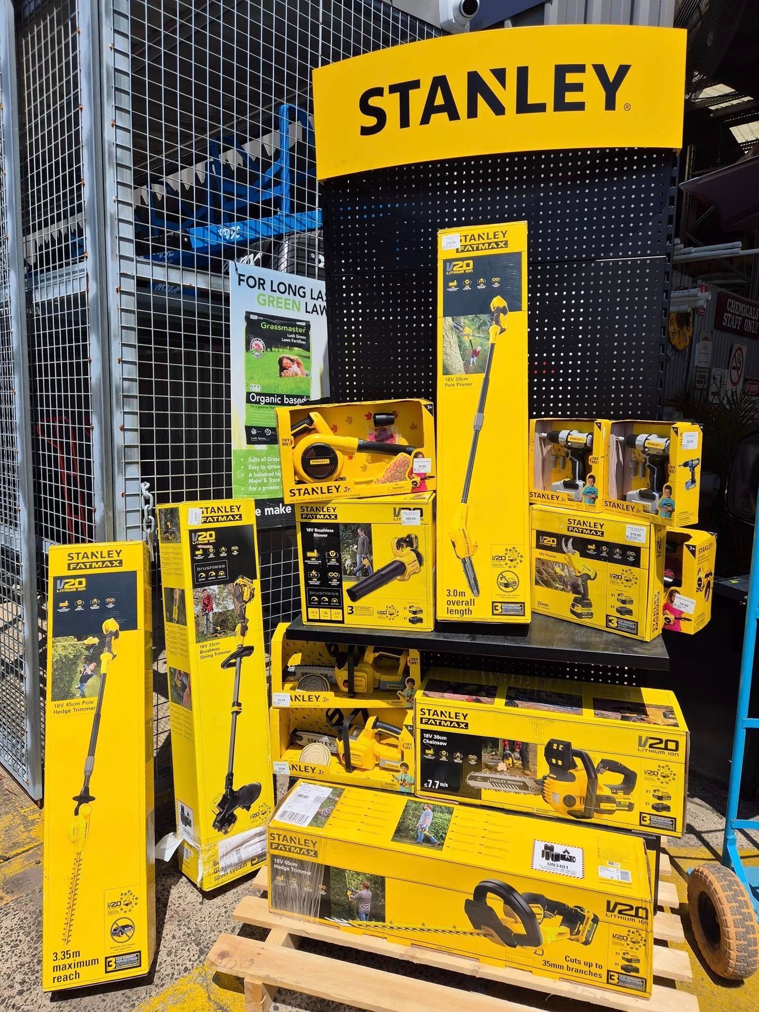 Display of Stanley Yard Tools in Yellow Boxes