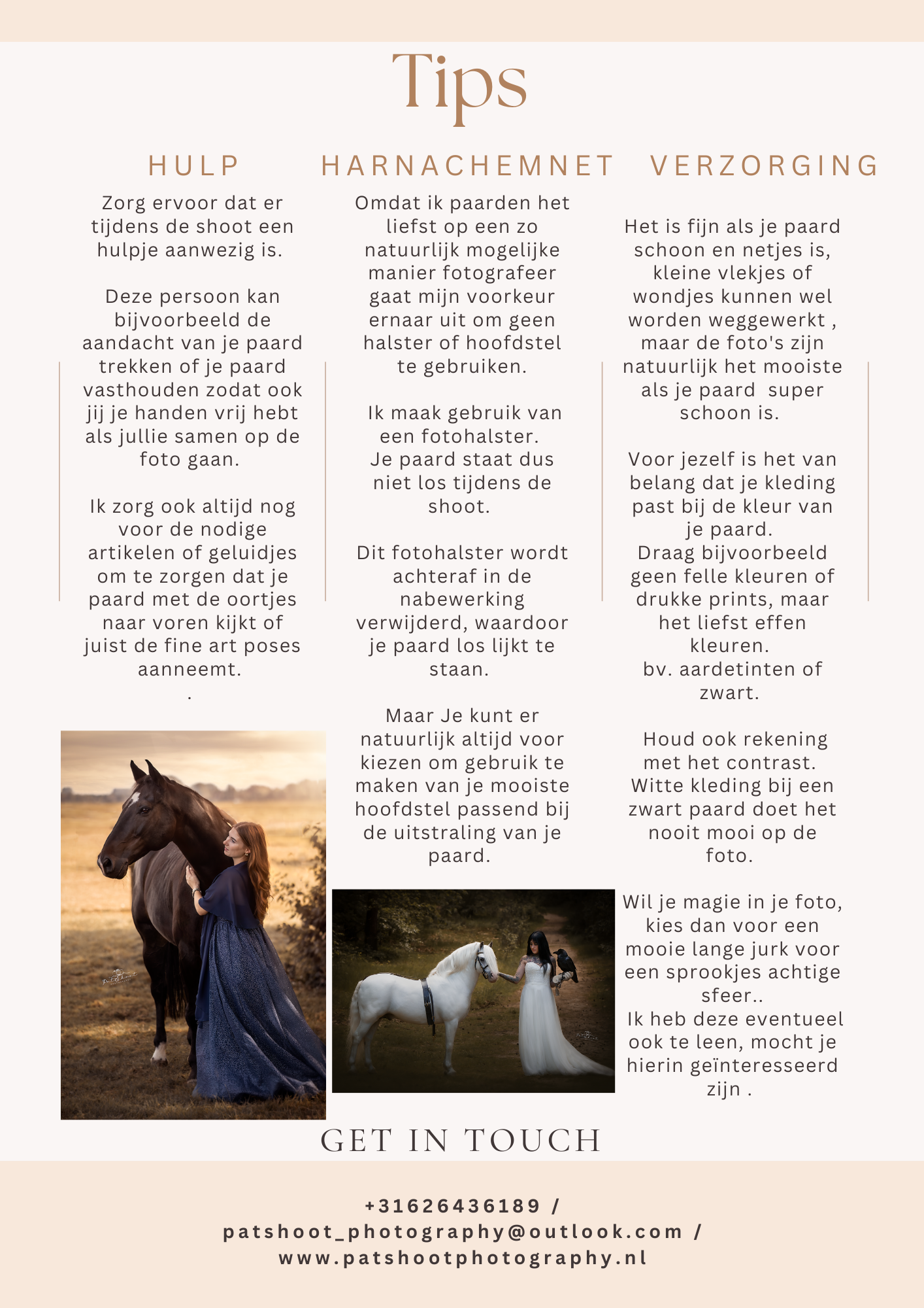 Tips voor de verzorging van paarden. Vrouw met paard in het veld, stel met paard op het pad. Tekst in het Nederlands.