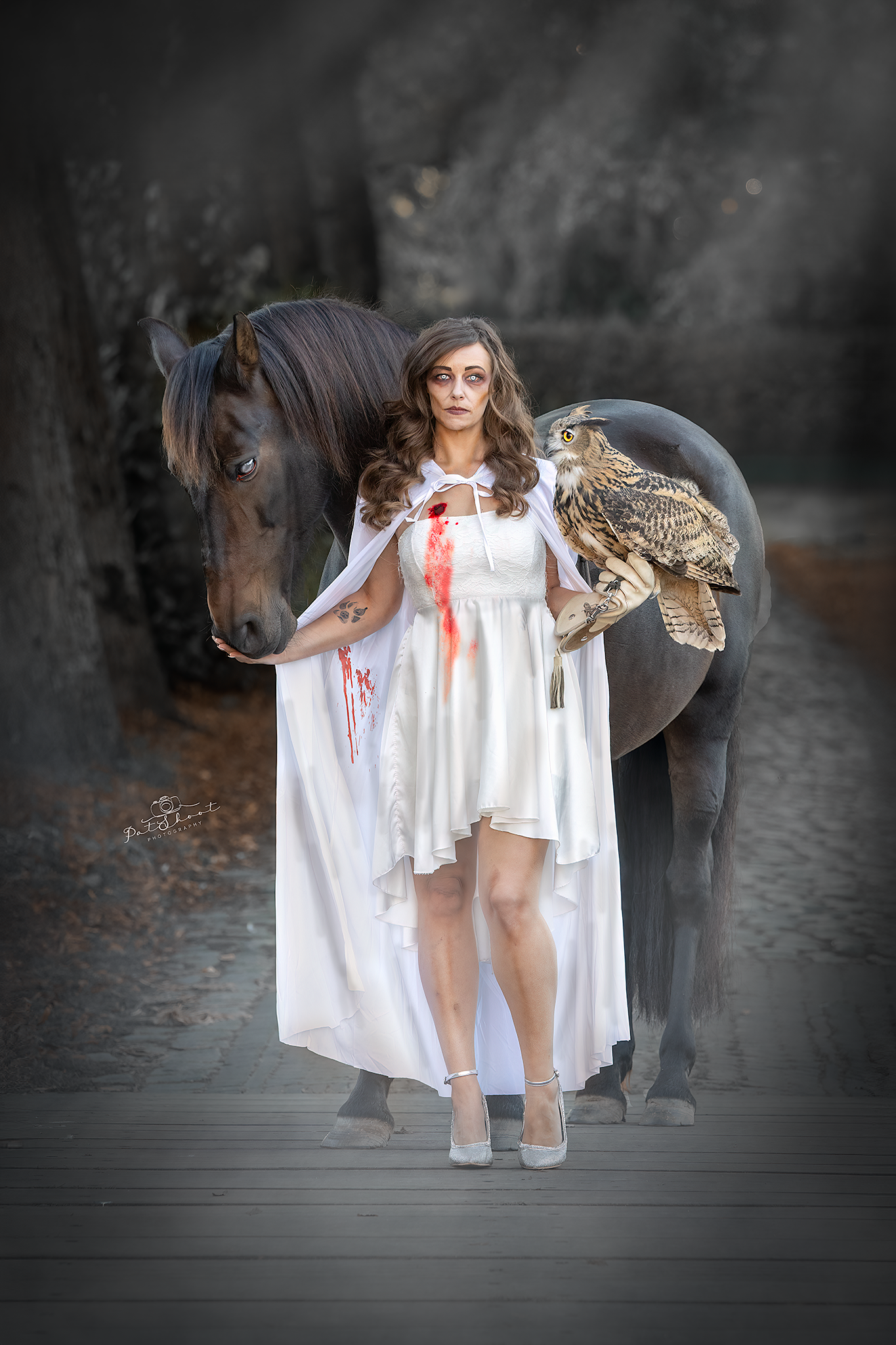 Vrouw in witte jurk met uil, paard, boslandschap.