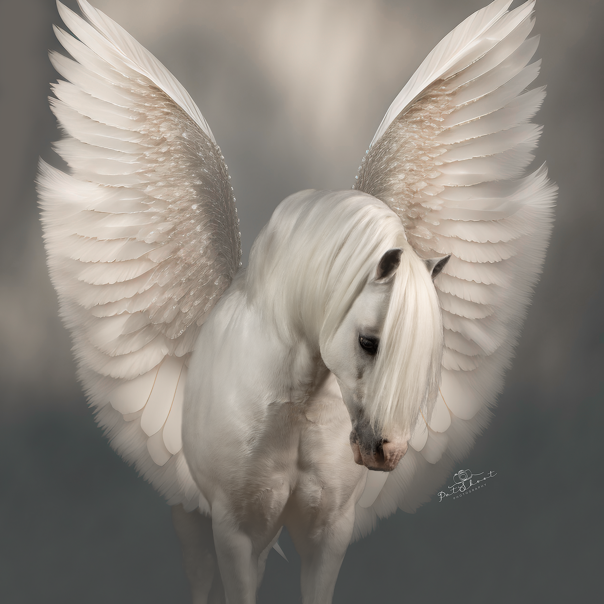 Witte pegasus met grote, gevederde vleugels, naar beneden kijkend, tegen een gedempte achtergrond.