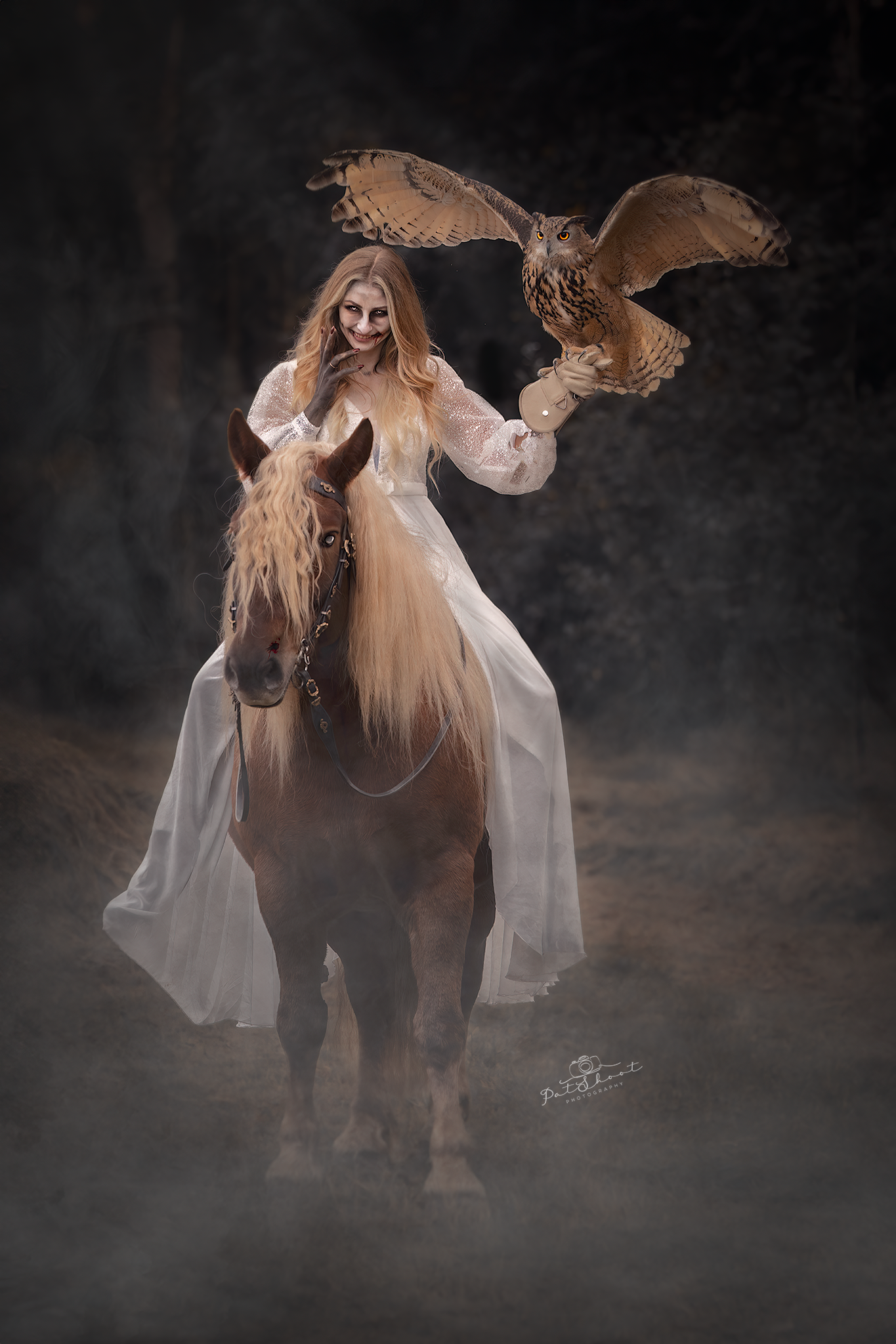 Vrouw in wit rijdend op een bruin paard, uil op haar arm, in een mistig bos.