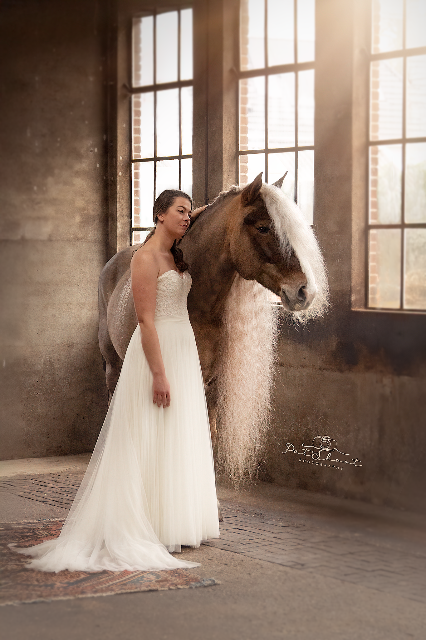 Magische fotoshoot op Locatie Bruid in witte jurk kust paardenhoofd in een rustieke, zonovergoten schuur.