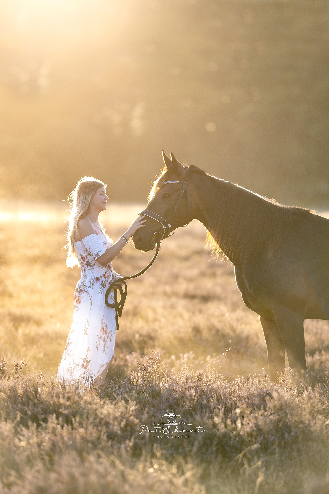 Vrouw in een witte jurk met bloemenprint aait een bruin paard in een veld; gouden zonlicht.