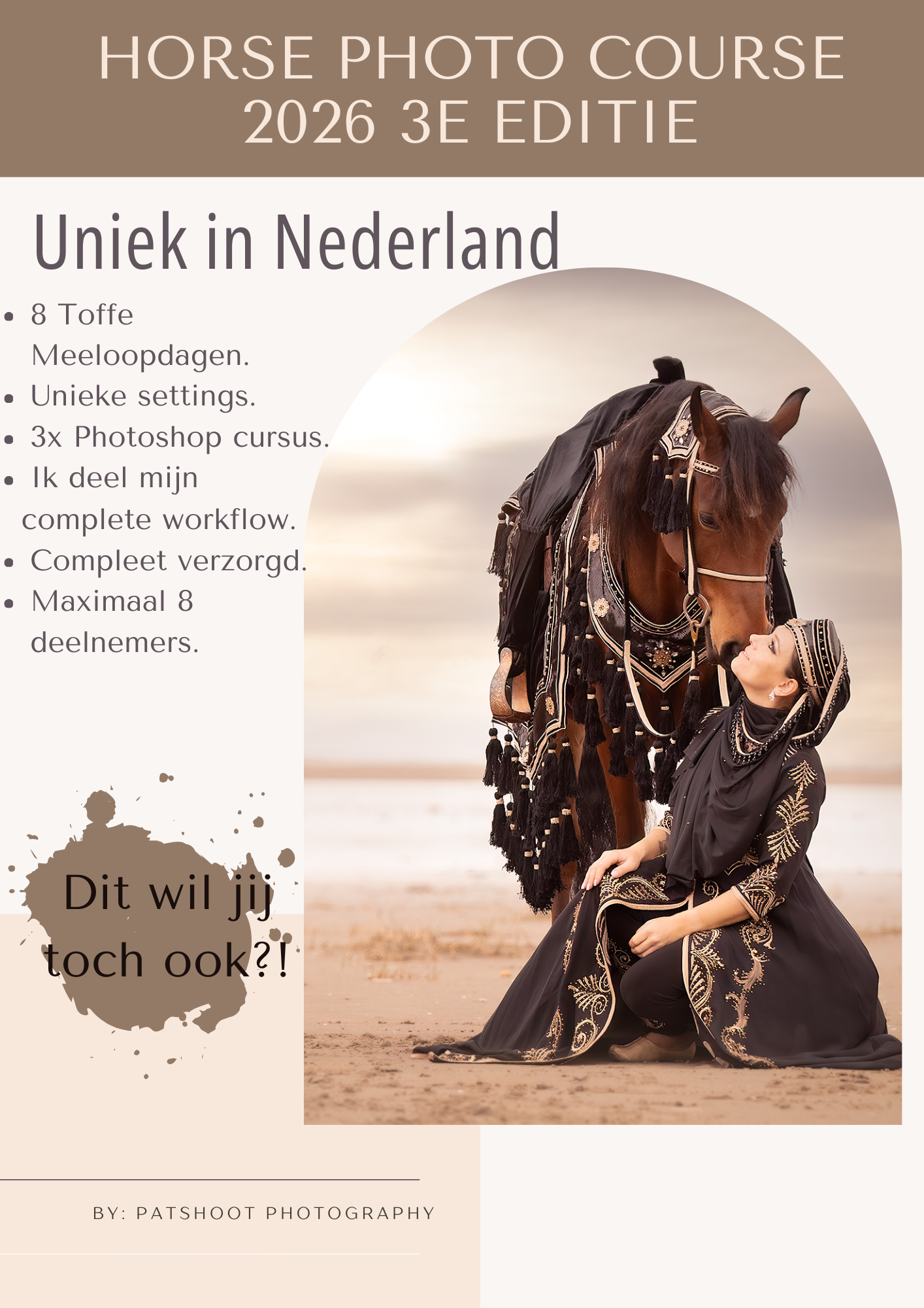 Poster voor een cursus paardenfotografie in Nederland. De poster toont een vrouw in sierlijke kleding met een paard.