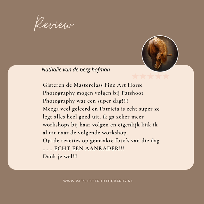 Een klantrecensie van een fotografieworkshop. De tekst op een beige achtergrond bevat de naam van de recensent, details over de workshop en een compliment.