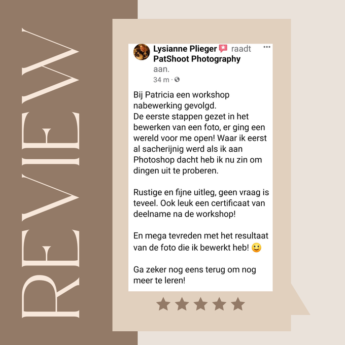Recensie van een fotografieworkshop. Tekst in het Nederlands over fotobewerking en een certificaat.