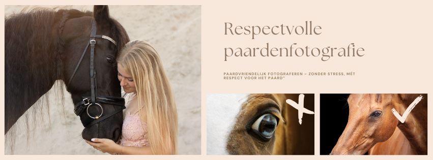 Blonde vrouw omhelst een donker paard. Tekst luidt: