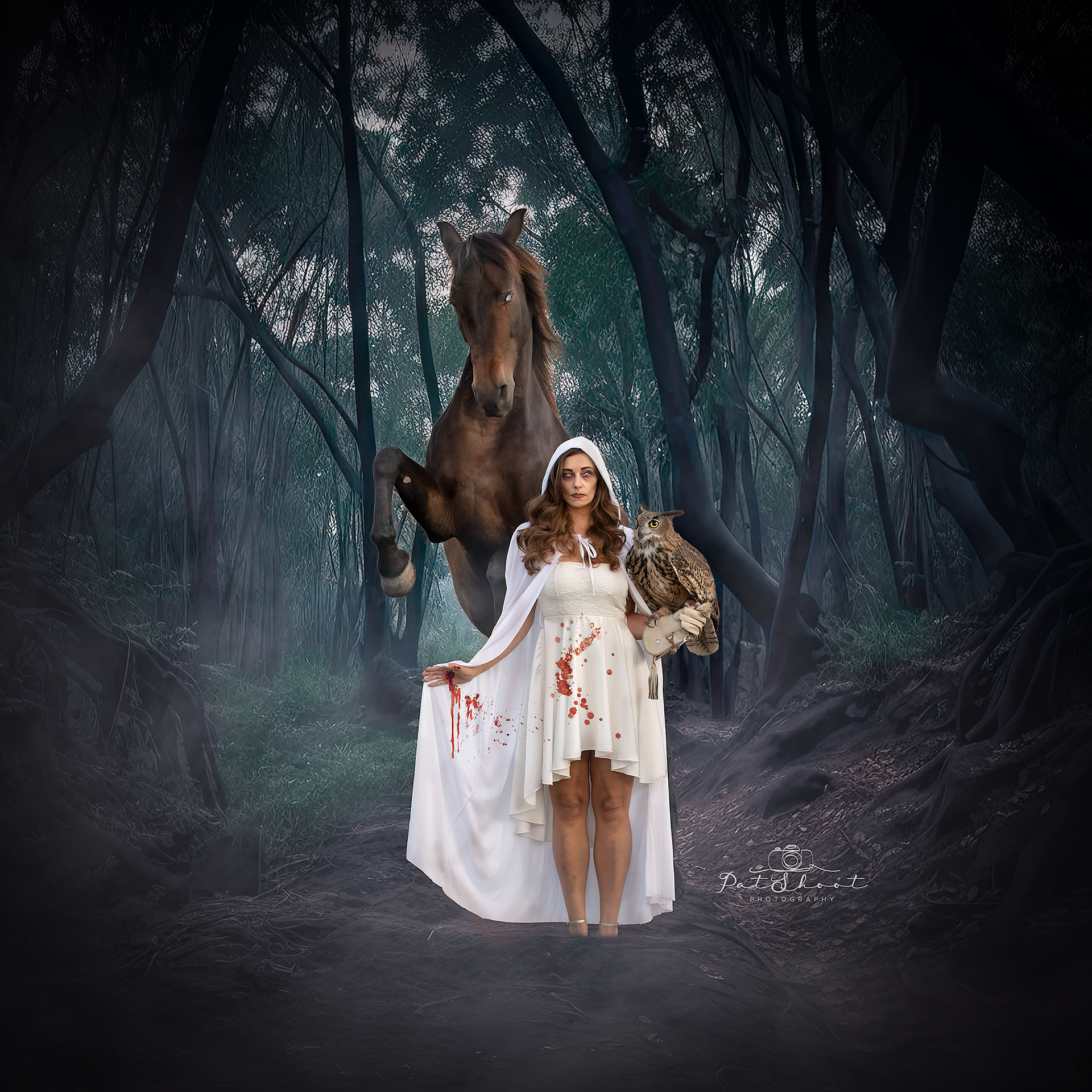 Vrouw in een witte jurk met bloed, een uil en een paard in een donker bos.
