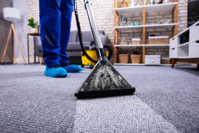 Carpet cleaning in progress with a vacuum head on a gray carpet in a living room