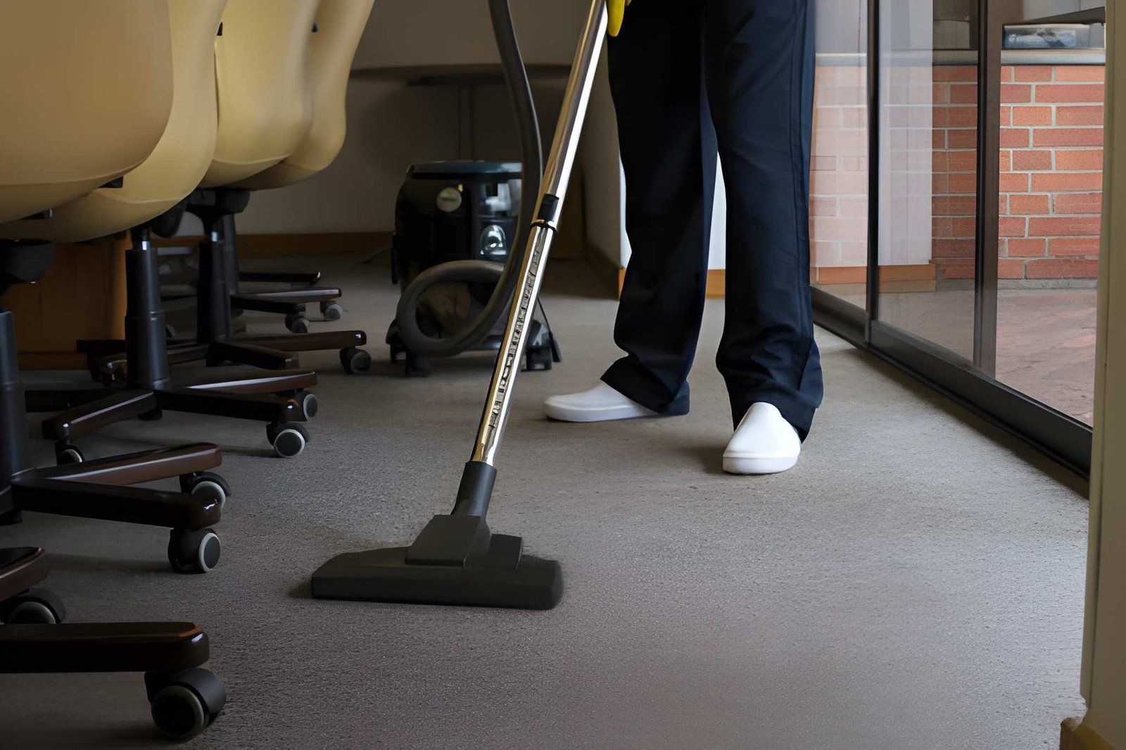 Person vacuuming a white rug in a bright living room with a gray sofa and yellow vacuum cleaner.