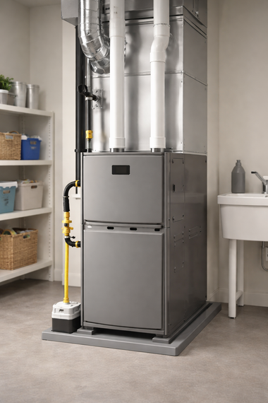 Furnace in a utility room. Gray metal unit with vents and pipes, near a sink and shelves.