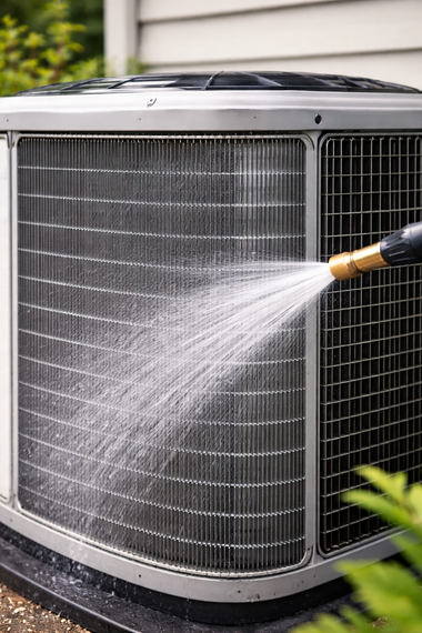 Person washing an outdoor air conditioning unit with a hose.