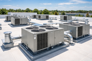 Air conditioning units on a flat rooftop against a clear blue sky.