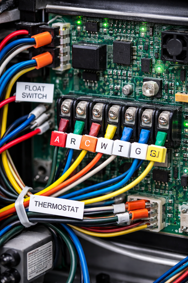Close-up of a circuit board with colored wires connected to labeled terminals: A, R, C, W, T, G, and S.